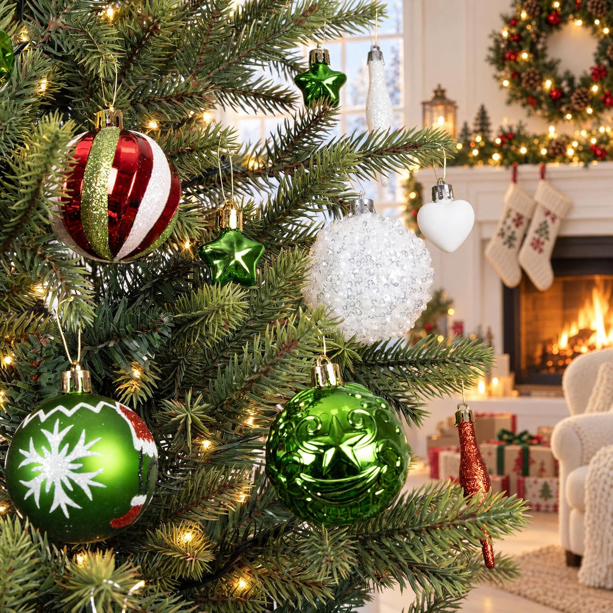 46PCS Christmas Ornament Set, Red, Green & White Tree Decorations