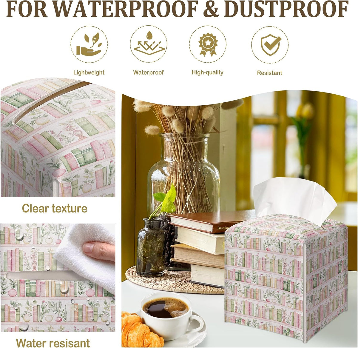 Booklover's Library Decorative Leather Tissue Box Cover - Tissue Box Holder Gifts for Women Family and Friends Funny Unique Home Decor Decorative for Kids Room Kitchen Bathroom Office - A10