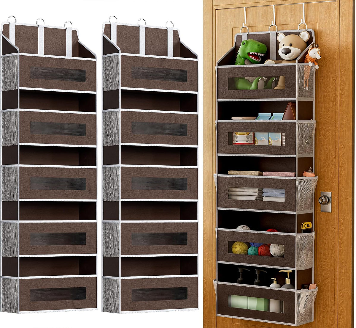 2 Pack 5 Tier Over the Door Organizer for Bathroom, Bedroom, Pantry, Brown