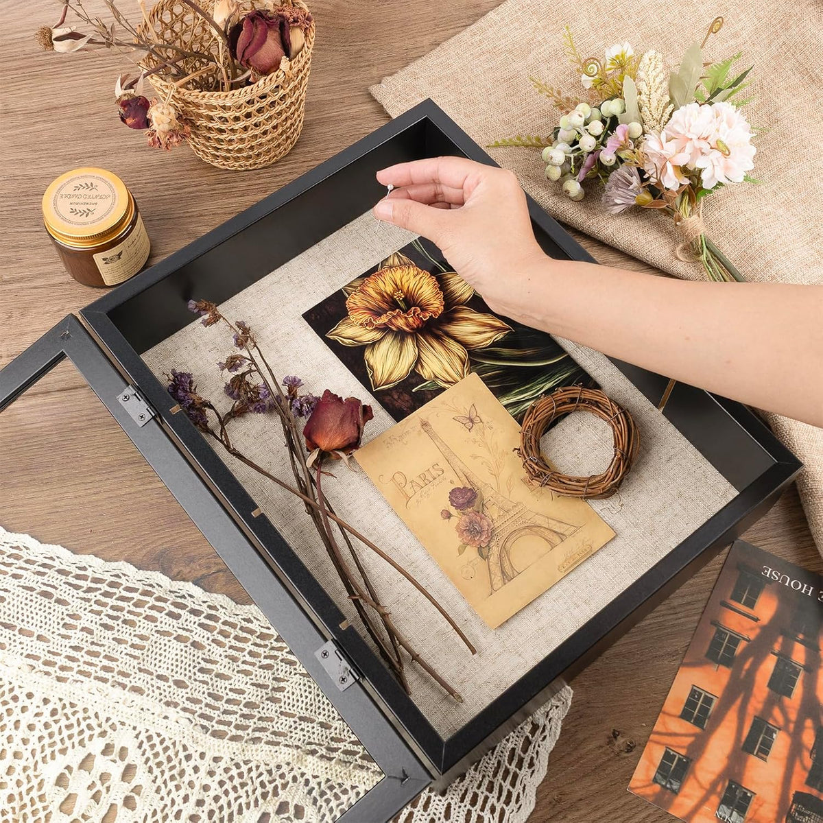 12x16 Shadow Box Display Cases with 4 Removable Clear Shelves, Black