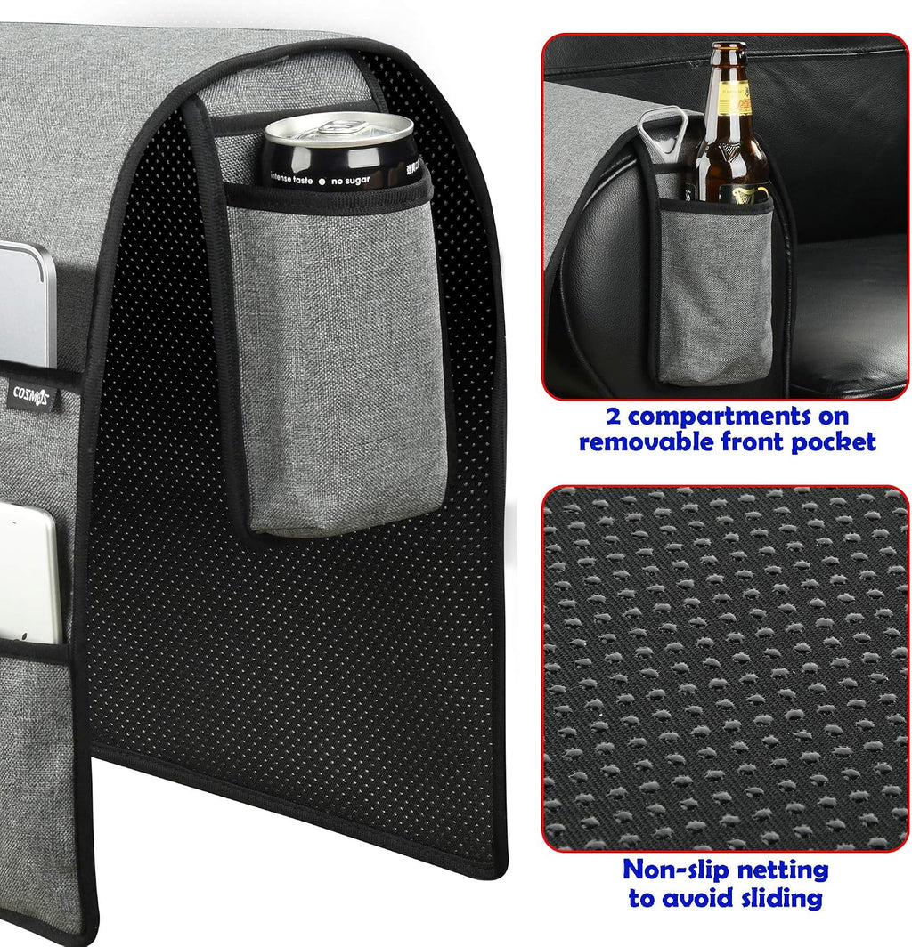 Sofa Armrest Organizer Couch Remote Holder, Sofa Caddy Bedside Organizer Recliner Armchair Accessory for iPad Tablet Phone Magazines in Home Bedroom Office Hotel, 5 Pockets with Font Side Drink Holder