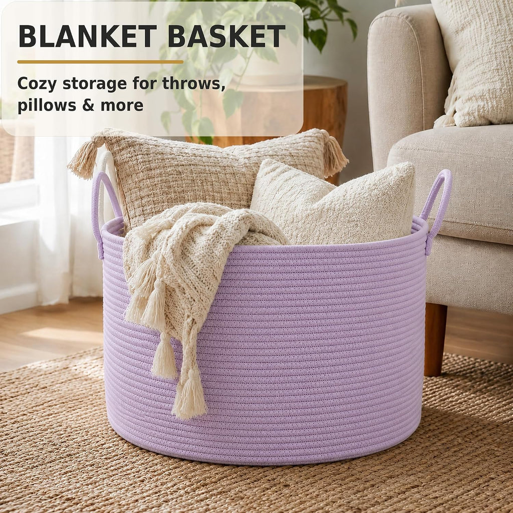 XUANGUO 66L Large Blanket Basket, Round Cotton Rope Basket, Purple