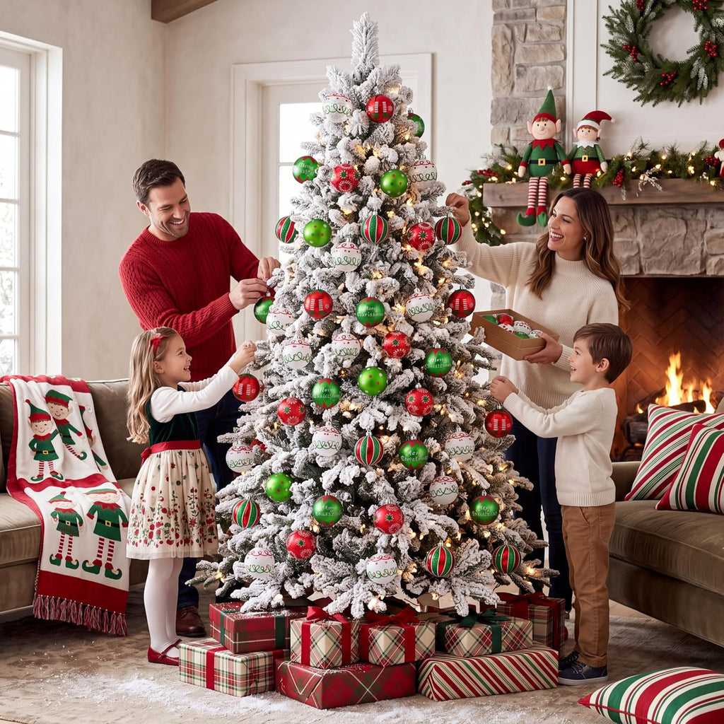 Valery Madelyn Christmas Tree Ornaments Set, 16ct Elf Red Green White Shatterproof Christmas Tree Decorations Bulk, 2.36 Inch Decorative Hanging Ball Ornaments for Xmas Trees Holiday Party Decor