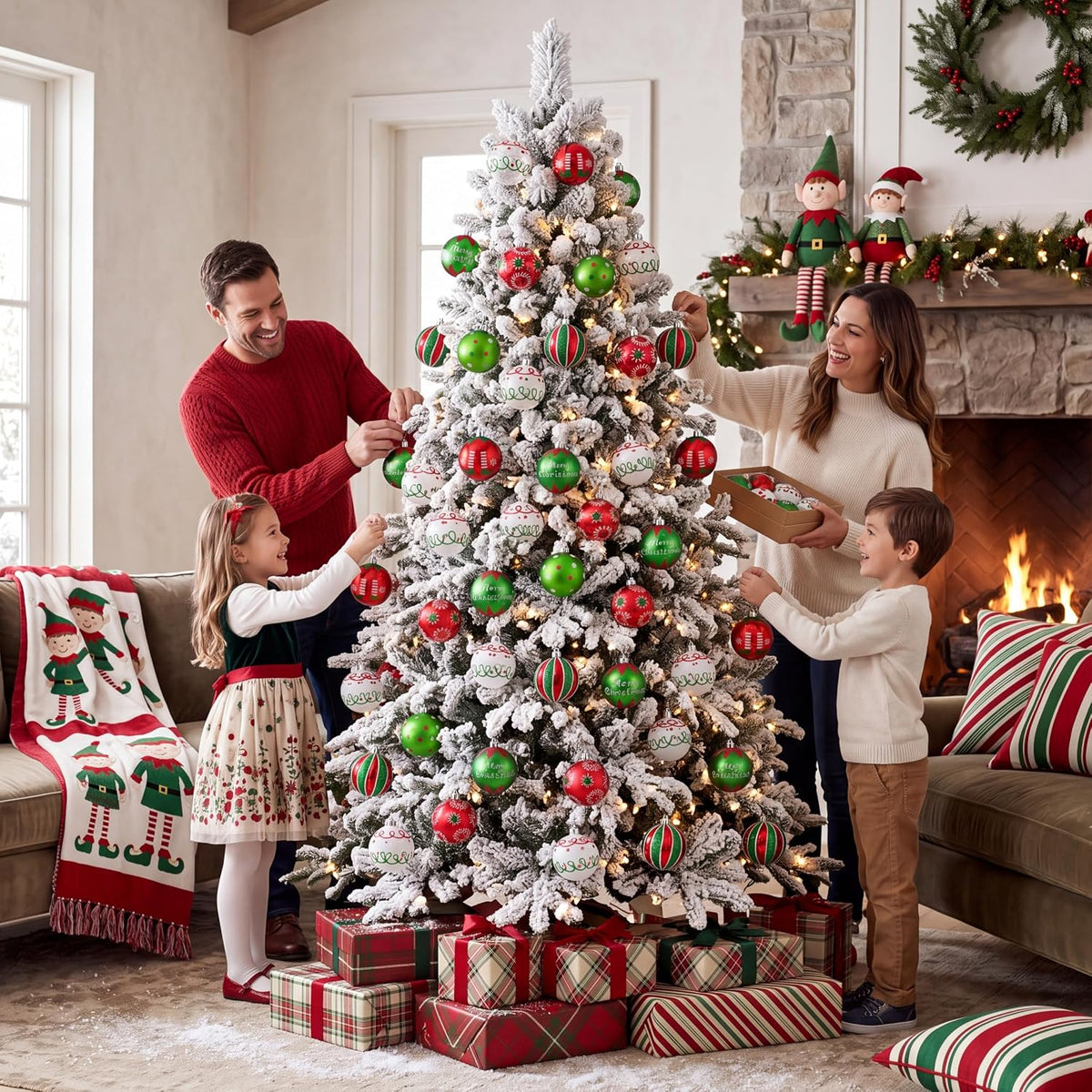 Valery Madelyn Christmas Tree Ornaments Set, 16ct Elf Red Green White Shatterproof Christmas Tree Decorations Bulk, 2.36 Inch Decorative Hanging Ball Ornaments for Xmas Trees Holiday Party Decor