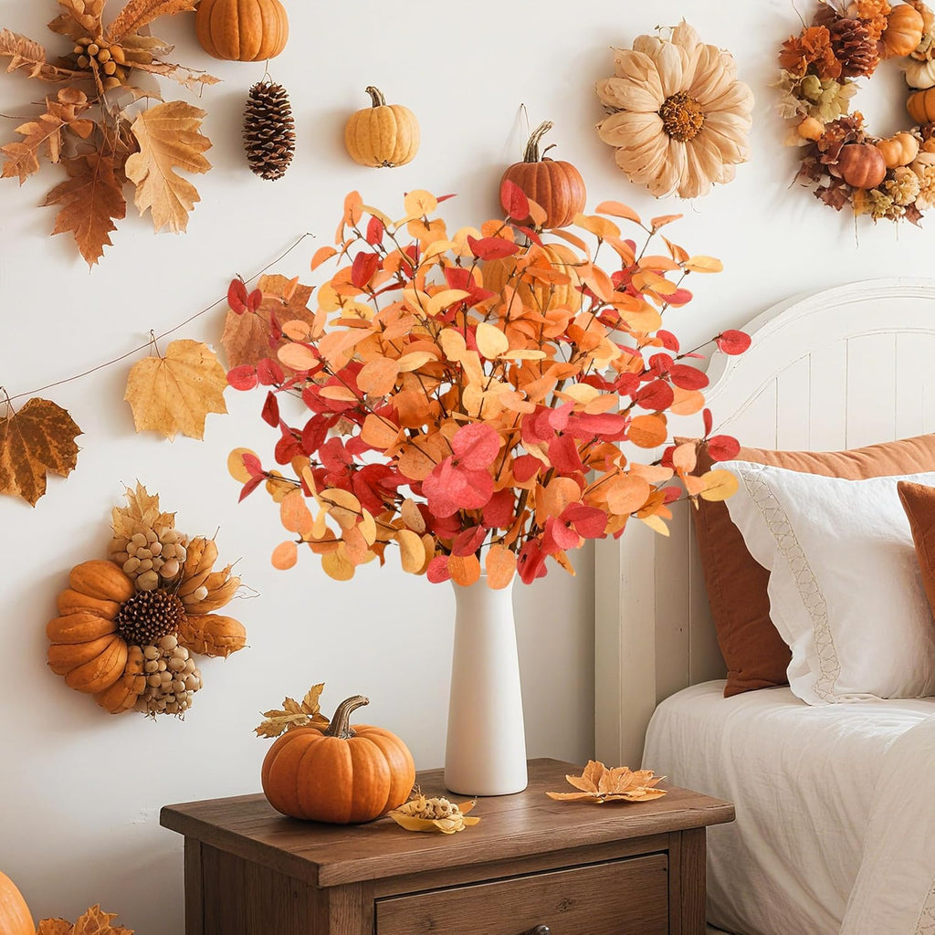 Palonu 6Pcs 24 Inch Artificial Eucalyptus Fall Leaves, Fall Orange Eucalyptus Leaves, Autumn Leaf Branch Faux Fall Decorations for Home Floral Arrangement Autumn Festival Thanksgiving Decor