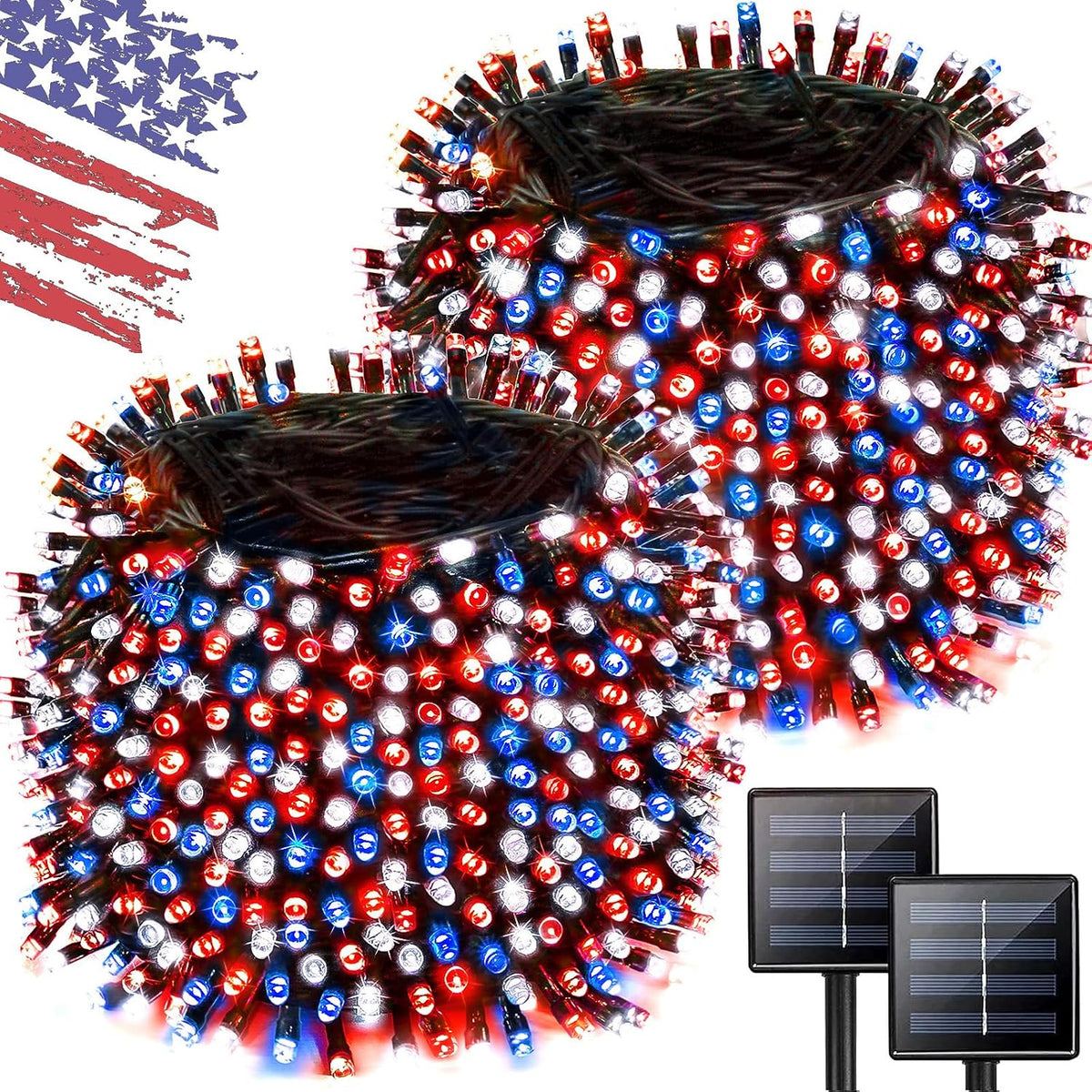 Solar String Lights Outdoor 2 Pack 480 LED Christmas Lights Red White Blue