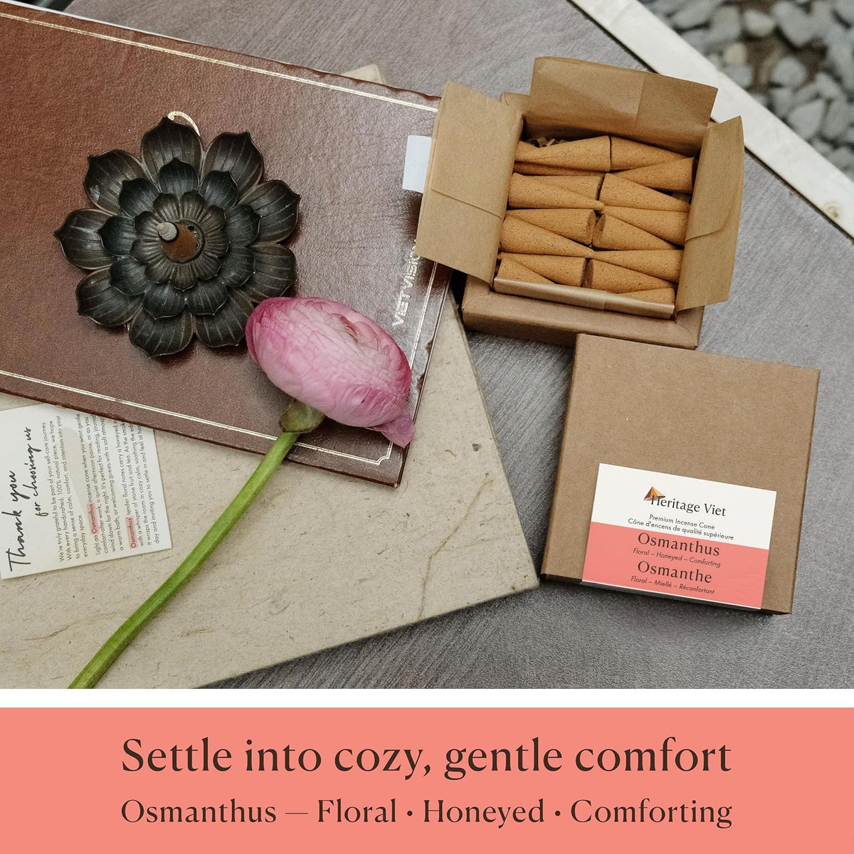 Premium Vietnam Incense - 16 Cones, No Chemical Fragrance, Handcrafted in Vietnam (Osmanthus)
