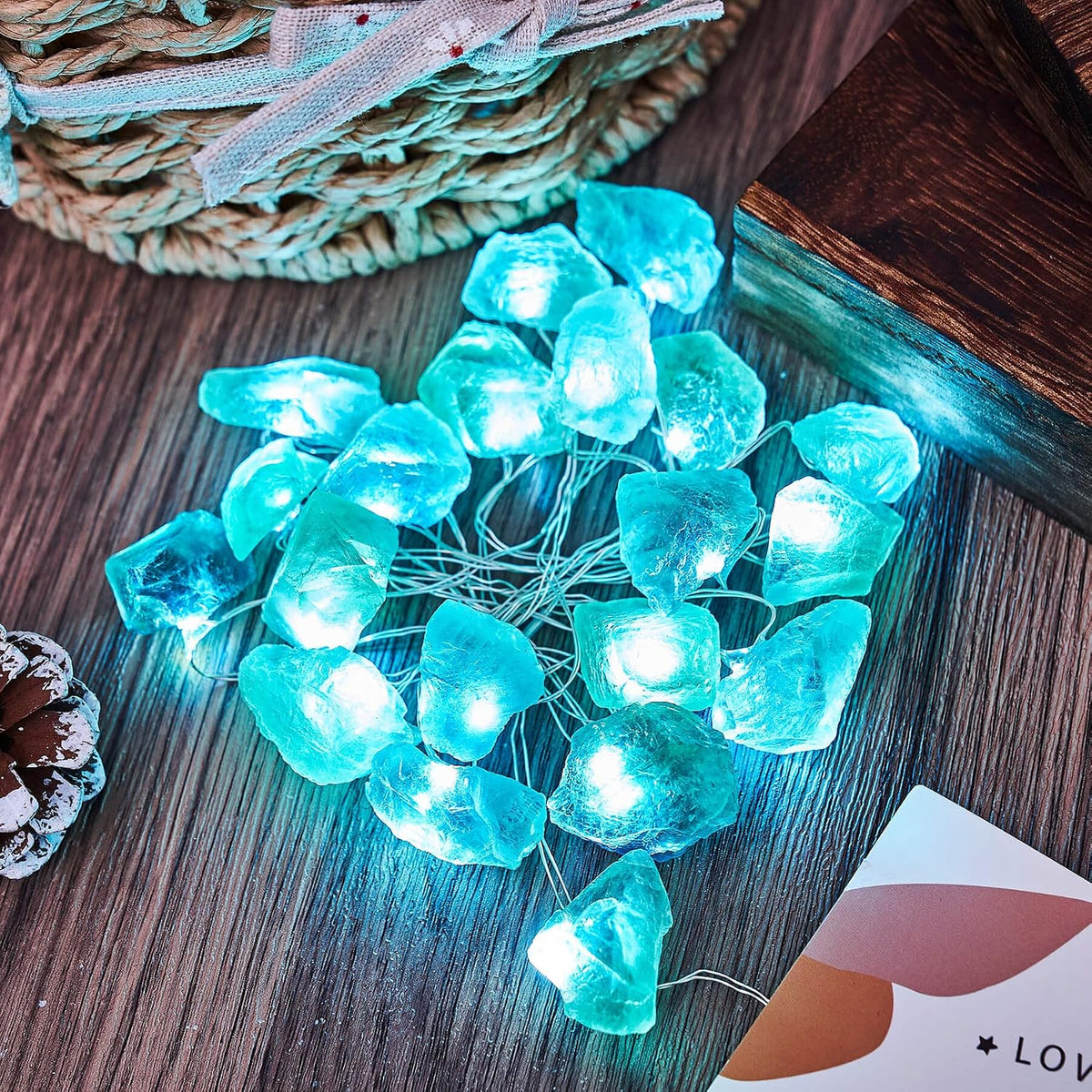 Natural Fluorite Crystal String Lights Indoor Color Change Novelty Geode Fairy Decorative Lights 9ft 20 LEDs Battery Operated or USB Plug in for Bedroom Mood Accent Christmas Decoration
