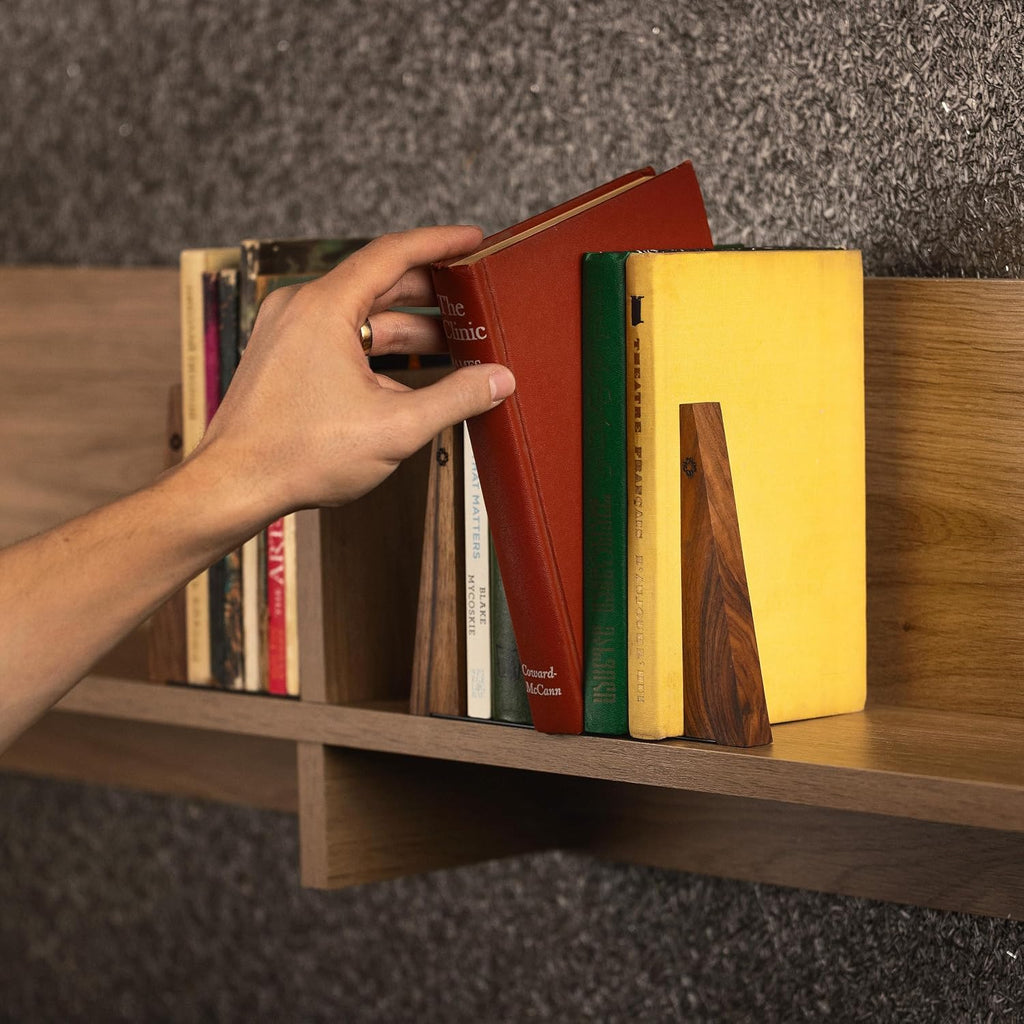 TILISMA Wooden Bookends for Shelves | Sturdy Book Ends with Metal Base