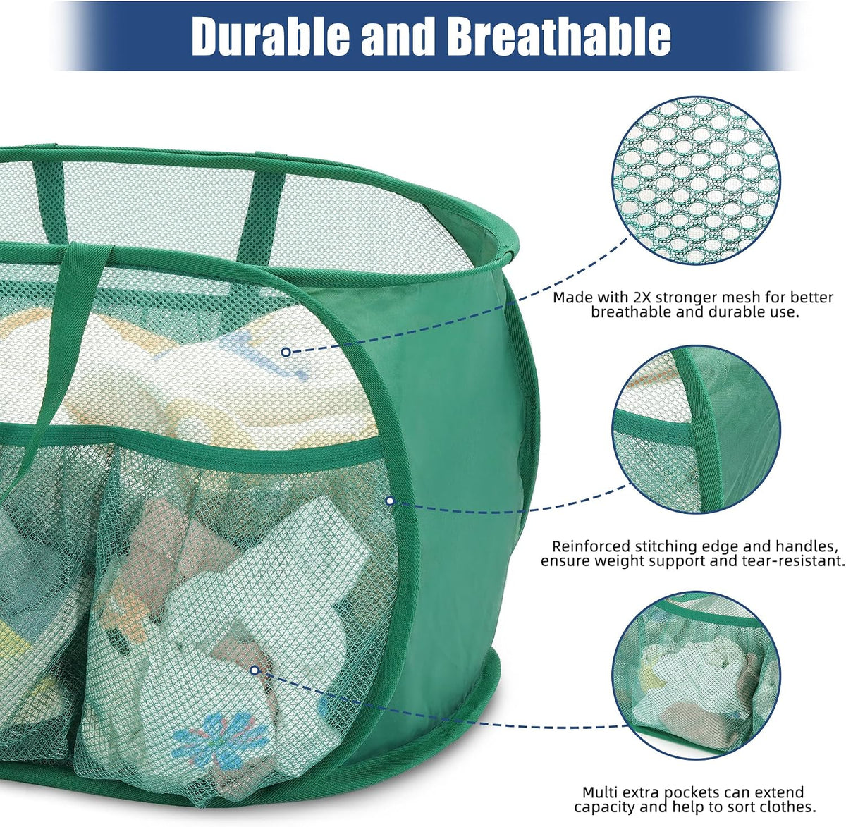2 Pack Collapsible Laundry Baskets, Upgrade Pop Up Laundry Hamper with Convenient Bags, Foldable Laundry Basket Mesh Light Weight, Easy to Carry Clothes Hampers for Laundry, Dorm, Toys, Travel Green