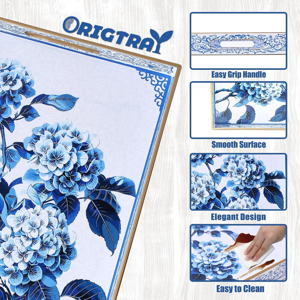 Serving Tray with Handles, Rectangular Plastic Tray 15.75x11.81 Inch, Decorative Tray for Kitchen, Dining Table, Vanity, Office & Home (Blue Hydrangea, 15.8" x 11.8" x 1.6")