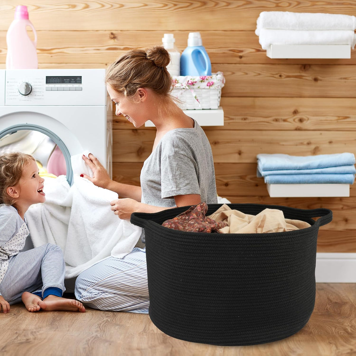 XUANGUO Extra Large Cotton Rope Round Storage Basket 22" x 14" Black