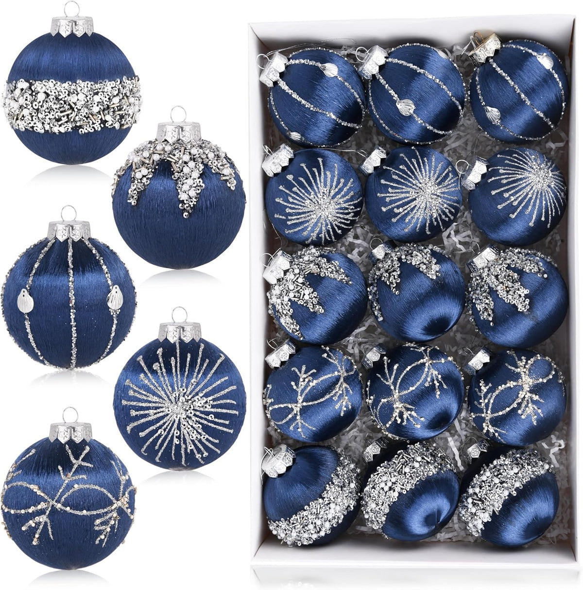 Christmas Balls Navy Blue Ornaments - Pack of 15 Luxury Christmas Tree Decorations Shatterproof - Satin Glitter Xmas Bulbs Set, 80mm 3.15 inch