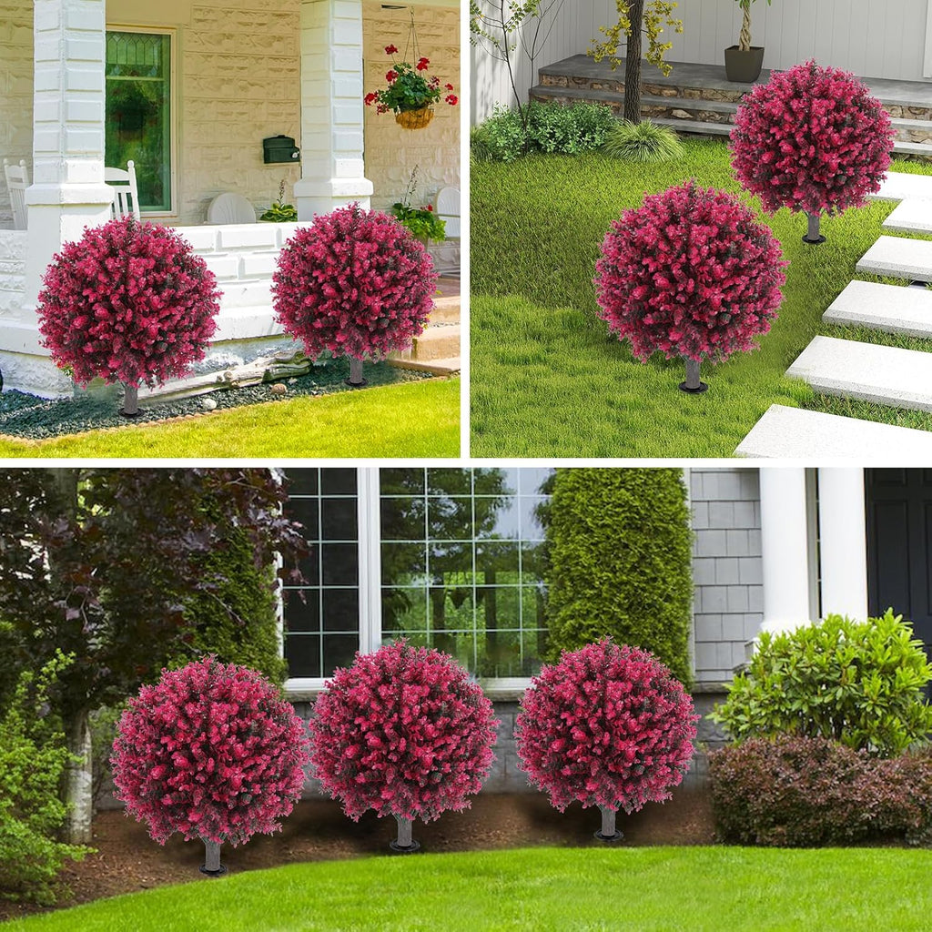 Set of 2 Artificial Red Eucalyptus Topiary Ball Tree,24" with Ground Spike