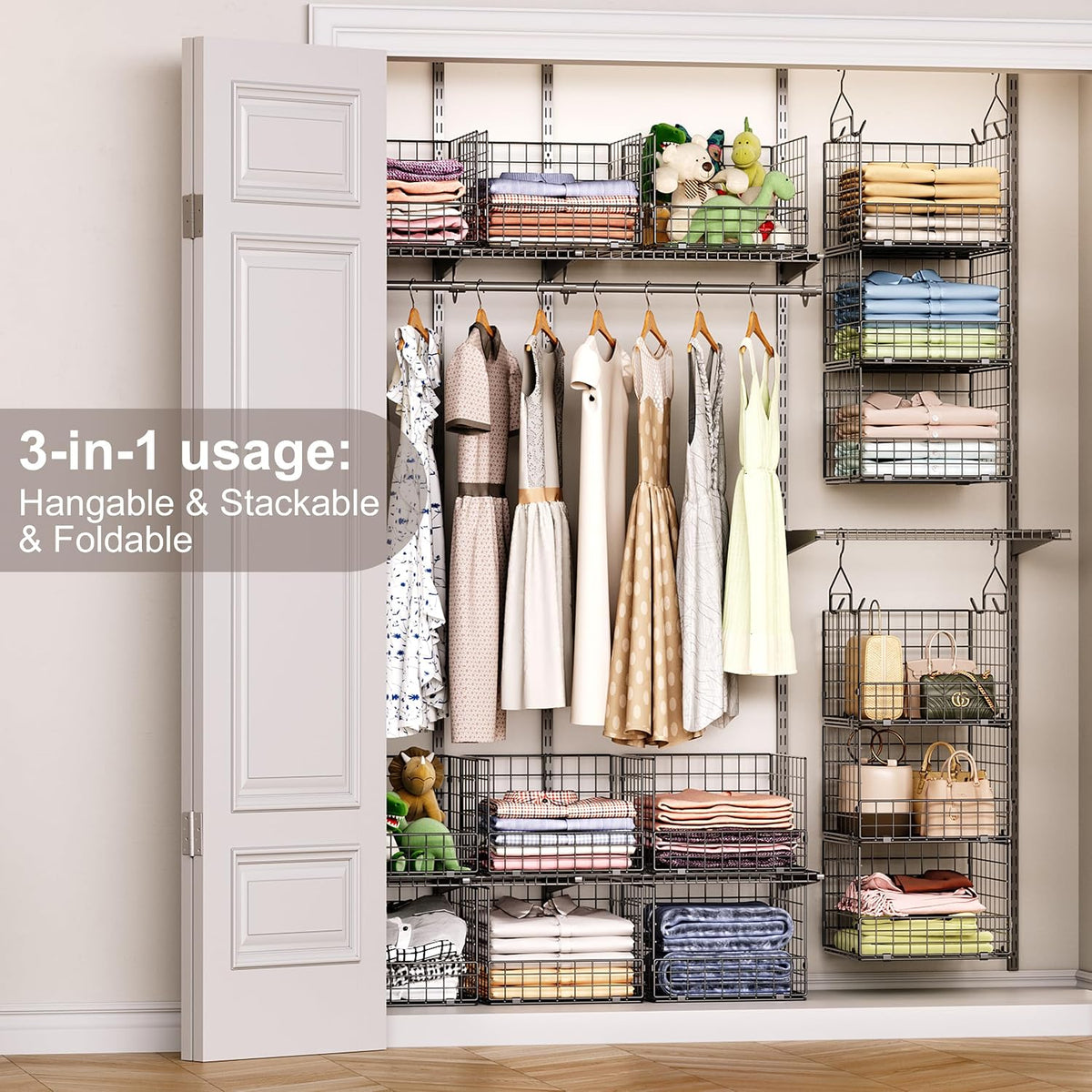 Sonyabecca 3-Tier Closet Organizers and Storage, Foldable Stackable Wire Basket Bins with 5 S Hooks, Space-Saving Hanging Closet Shelf for Clothing, Sweaters, Handbags, Hats,Purse