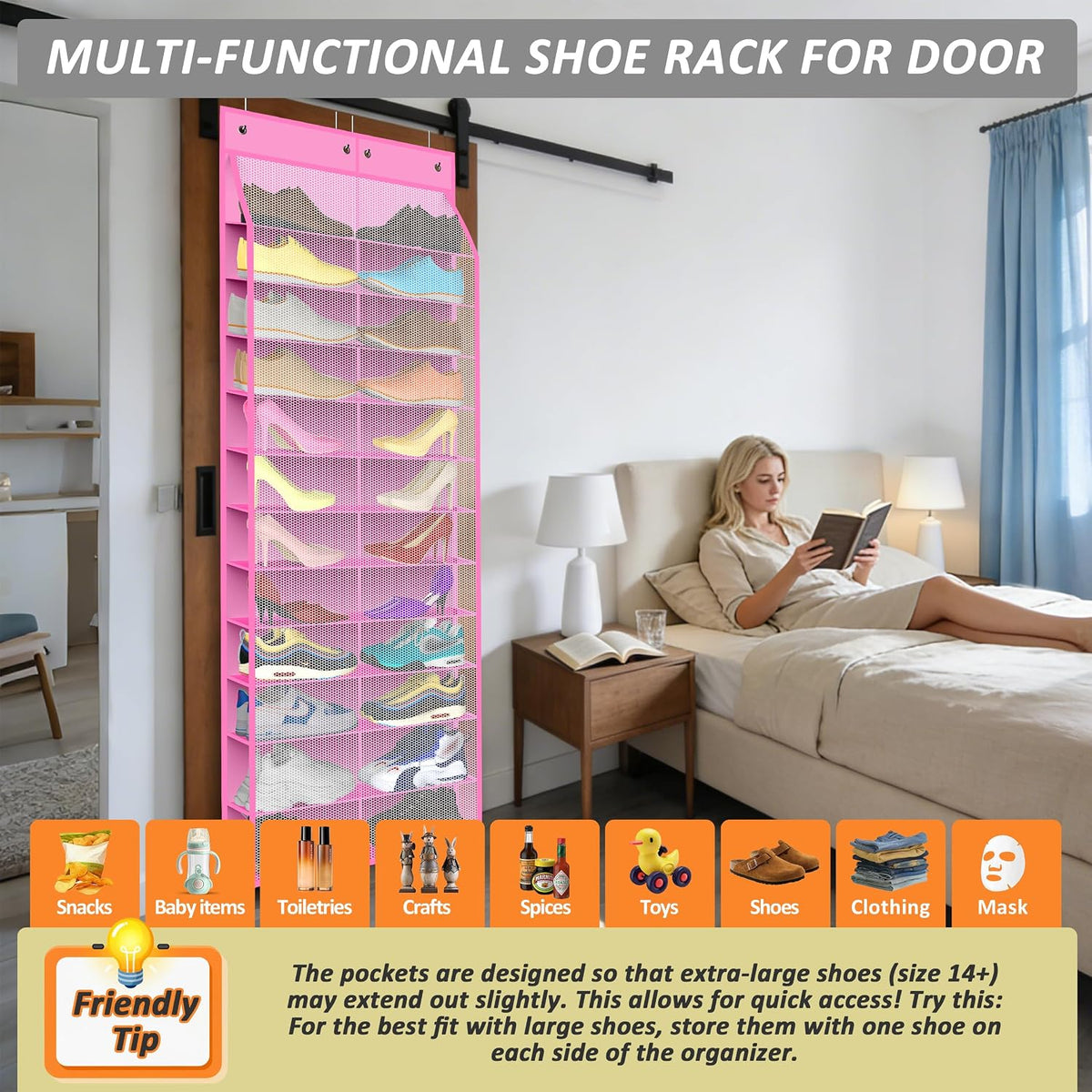 Kotkn 24-Pair Over Door Shoe Organizer for Family & Kids, Double Sided | Hanging Storage for Sneakers, Boots, Toys & Room OrganizationRose Quartz