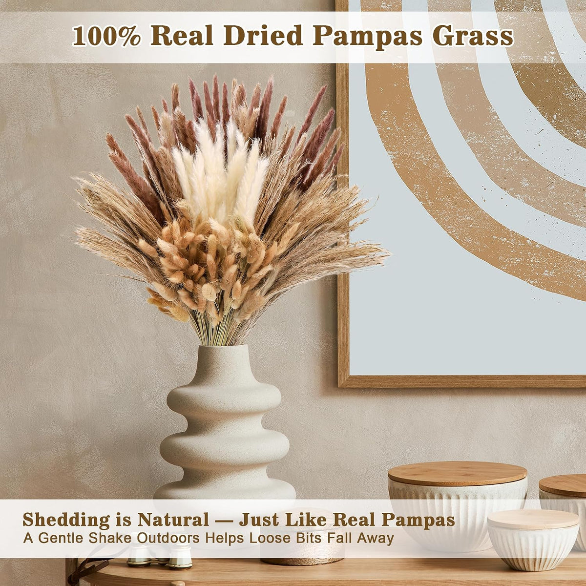 300 PCS Dried Pampas Grass Bouquet, Natural Pampas Grass Decor