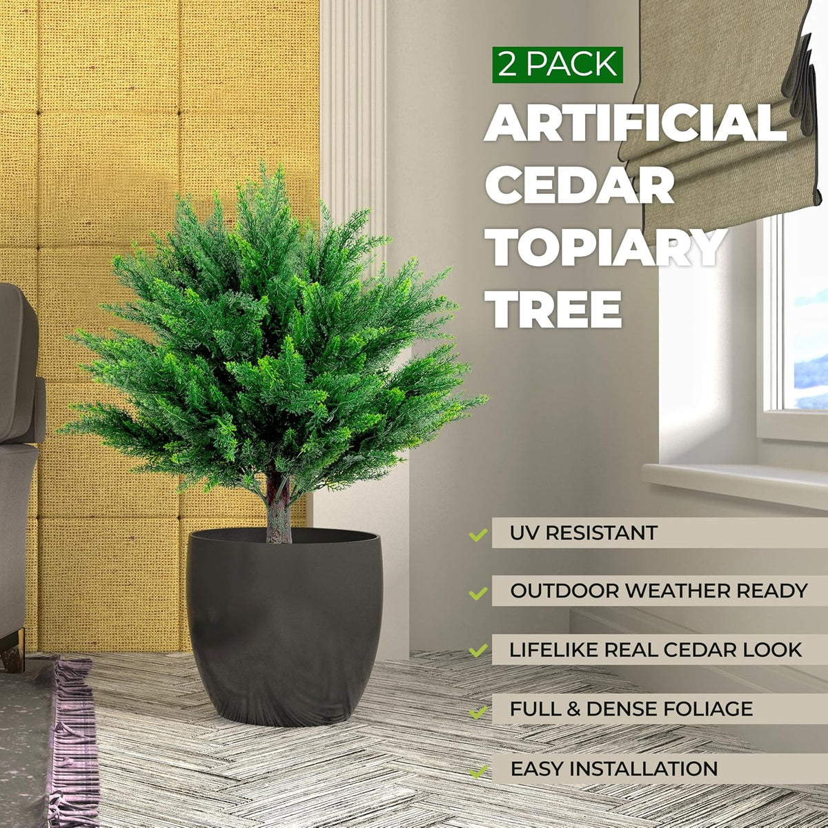 24.8" Artificial Cedar Topiary Tree 2ft (Set of 2) – Faux Cedar Trees for Outdoor Planters with Ground Spike, UV Resistant, Full & Realistic Evergreen Shrubs for Front Porch, Garden, Patio Decor
