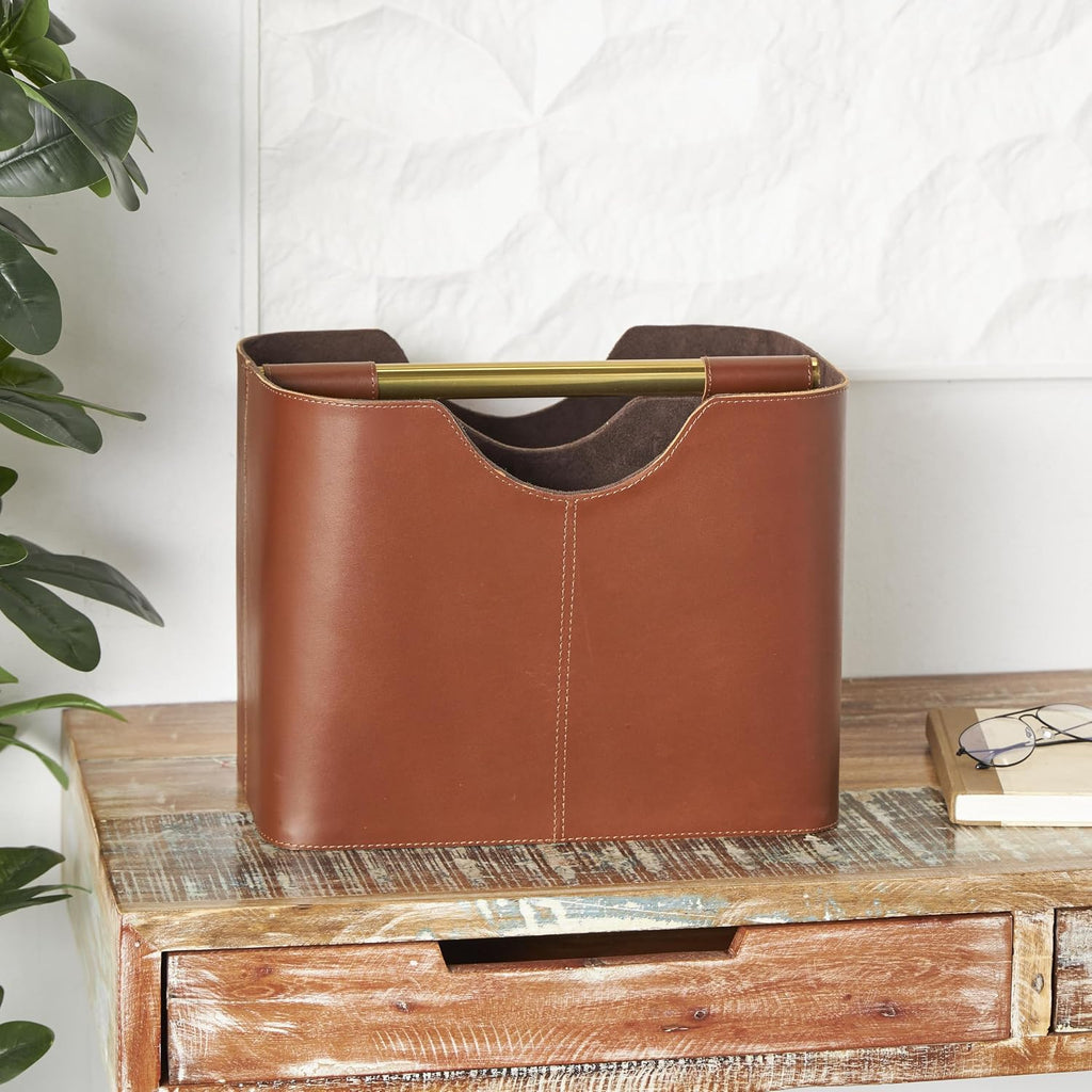 deco 79 Leather Magazine Holder, Basket 16" x 10" x 12", Brown