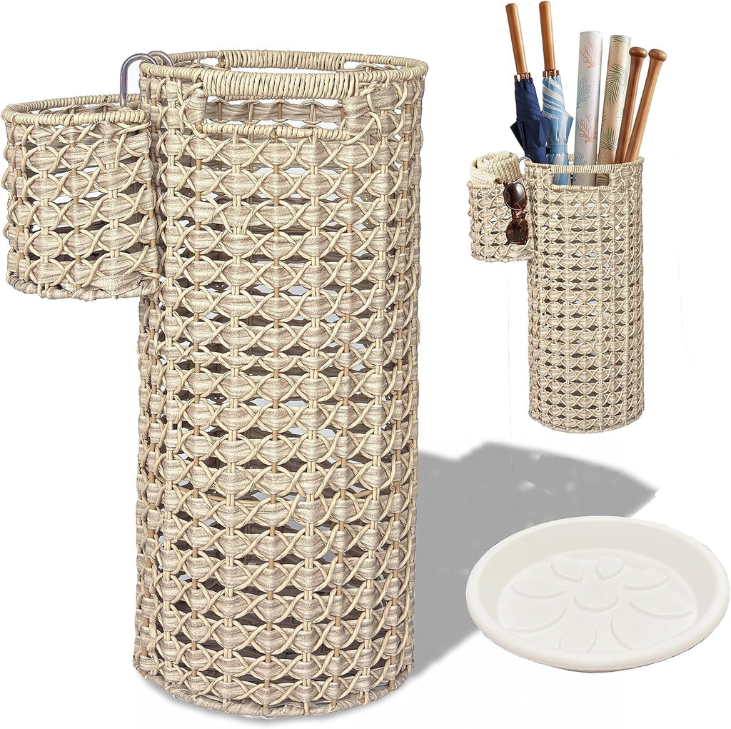 Wicker Umbrella Stand for Entryway, Handwoven PE Rattan with Side Basket