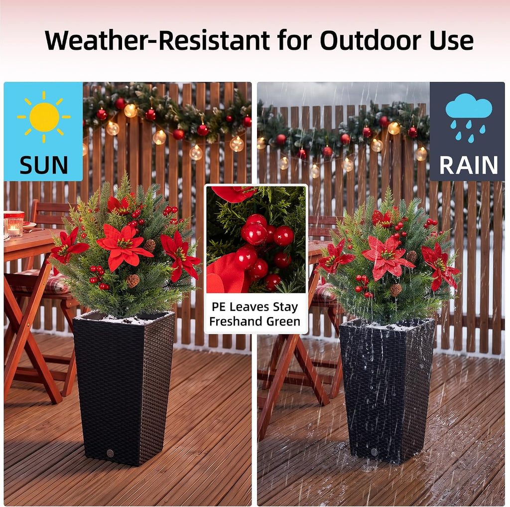 Artificial Christmas Cypress Poinsettia Flower Topiary Shrubs, Faux Greenery Ball Bush for Christmas Decoration,24.8" Fake Tree with Ground Spike,UV Resistant Plants for Front Porch Decor,Set of 2