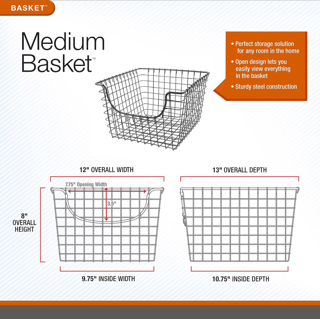 Spectrum Wire Scoop Basket Storage Bin Satin Nickel Nesting Metal Baskets Pack of 2 for Kitchen Pantry Closet Bathroom Garage Organization, Heavy Duty Wire Basket Organizer for Storage Decor