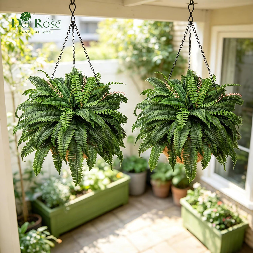 Der Rose 49 inch 96 Leaves Fake Ferns Large, UV Resistant Artificial Plants Outdoors Faux Boston Fern Plants for Porch Home Patio Hanging Decor