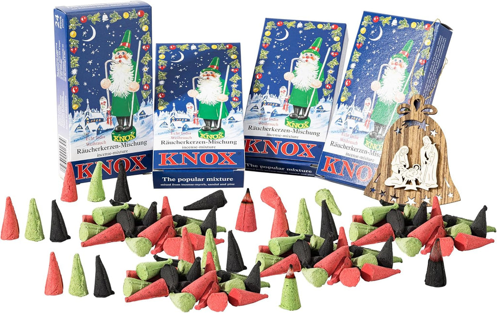 MaMeMi German Incense Cones Christmas Mix – Knox 4 Pack (96 Cones) for Smoker Houses & Figurines | Fir, Frankincense & Sandalwood | Gift Set with Wooden Ornament | Traditional Erzgebirge