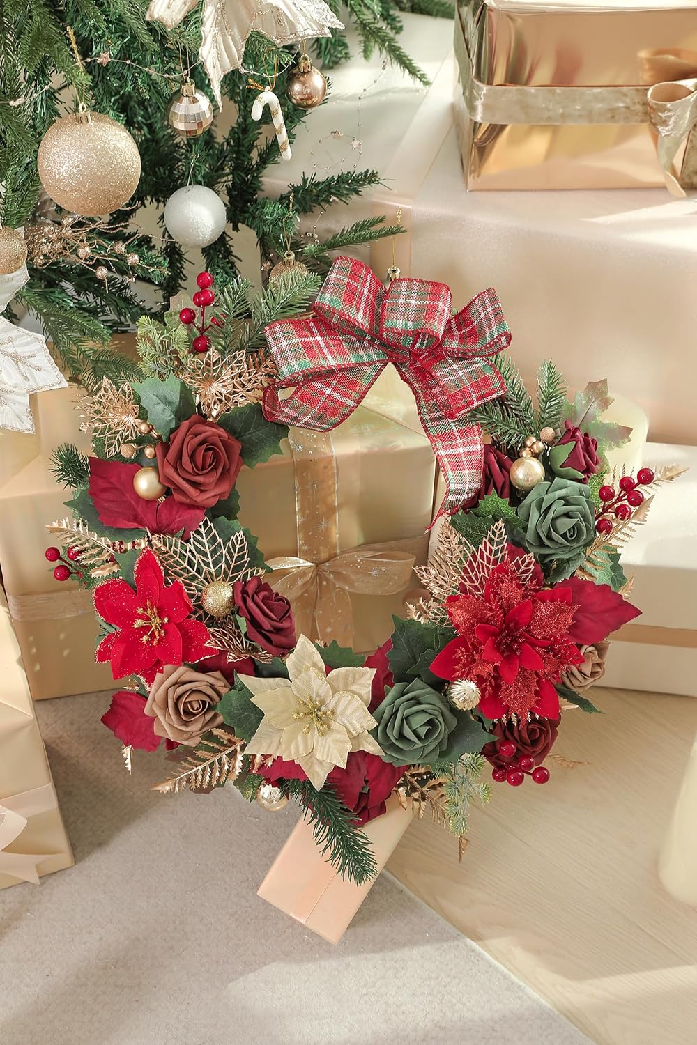 rongflower Christmas Flowers Artificial,Red Poinsettias Artificial Christmas Flowers and Greenery Deluxe Combo Set for DIY Tree Ornaments Xmas Wreath Floral Arrangements Centerpieces