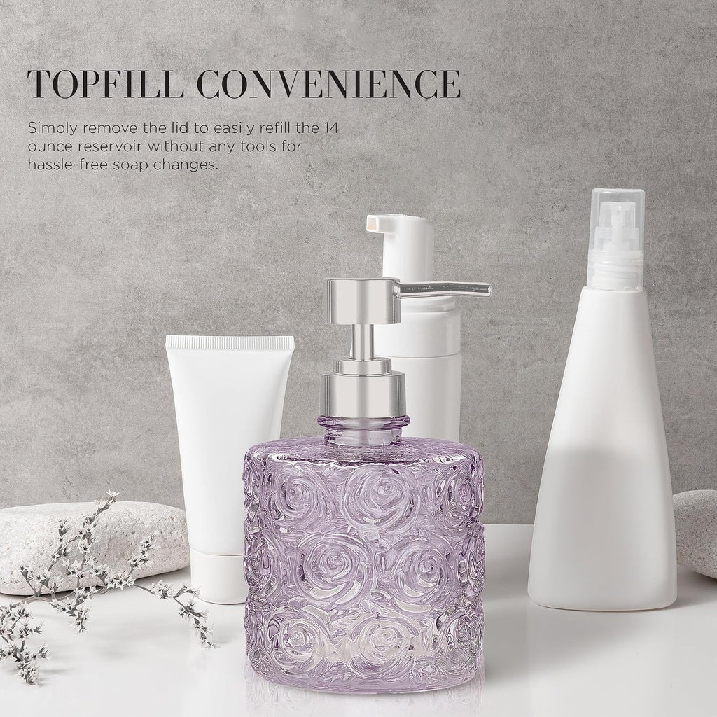 Marcella Glass Soap Dispenser with Soap Pump, Refillable 14 Ounce Capacity, Floral Design Rose Patterns, Heavy Weight Thick Glass for Bathroom, Premium Kitchen Soap Dispenser Lavender