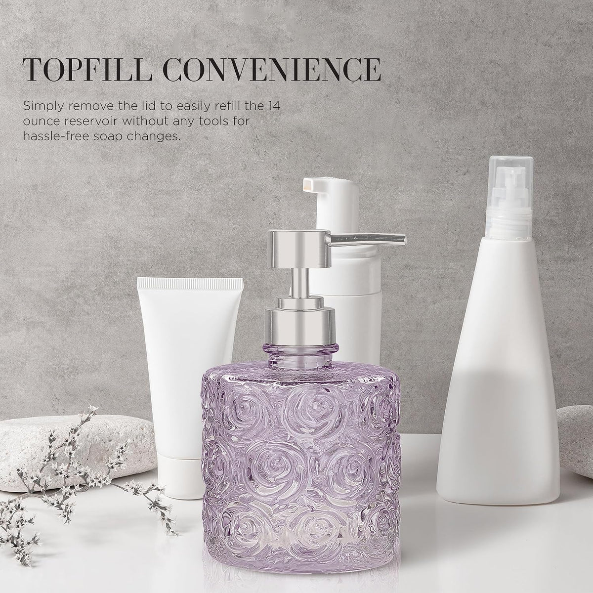 Marcella Glass Soap Dispenser with Soap Pump, Refillable 14 Ounce Capacity, Floral Design Rose Patterns, Heavy Weight Thick Glass for Bathroom, Premium Kitchen Soap Dispenser Lavender