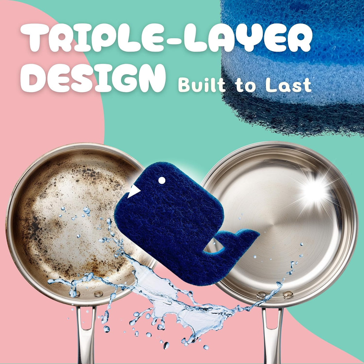 10 Pack Multipurpose Dual Sided Triple Layer Dish Sponges Kitchen (Whale)