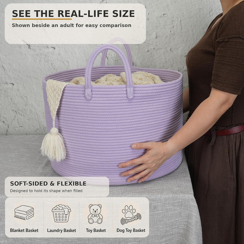 XUANGUO 66L Large Blanket Basket, Round Cotton Rope Basket, Purple