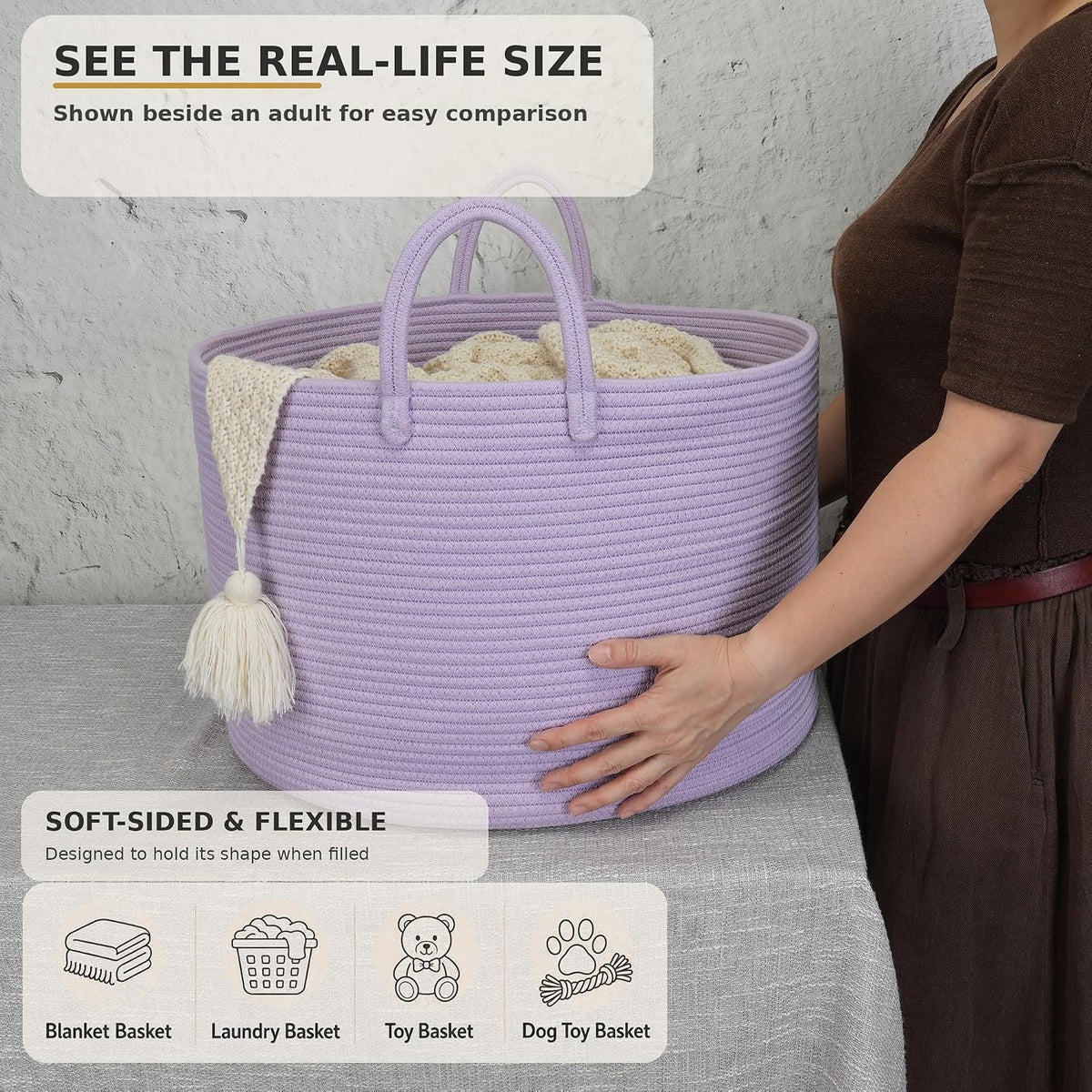 XUANGUO 66L Large Blanket Basket, Round Cotton Rope Basket, Purple