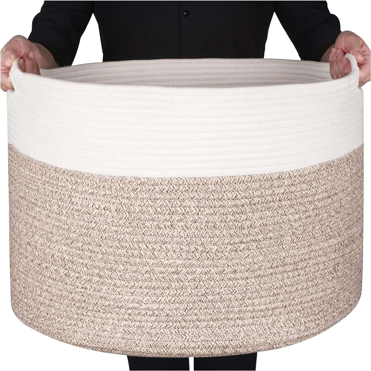 MINTWOOD Design Extra Large 22 x14 Inches Decorative Woven Cotton Rope Blanket Storage Basket Bin Living Room and Laundry Hamper for Pillows, Pool Towels, Dog Toys, Shoes, Light Brown