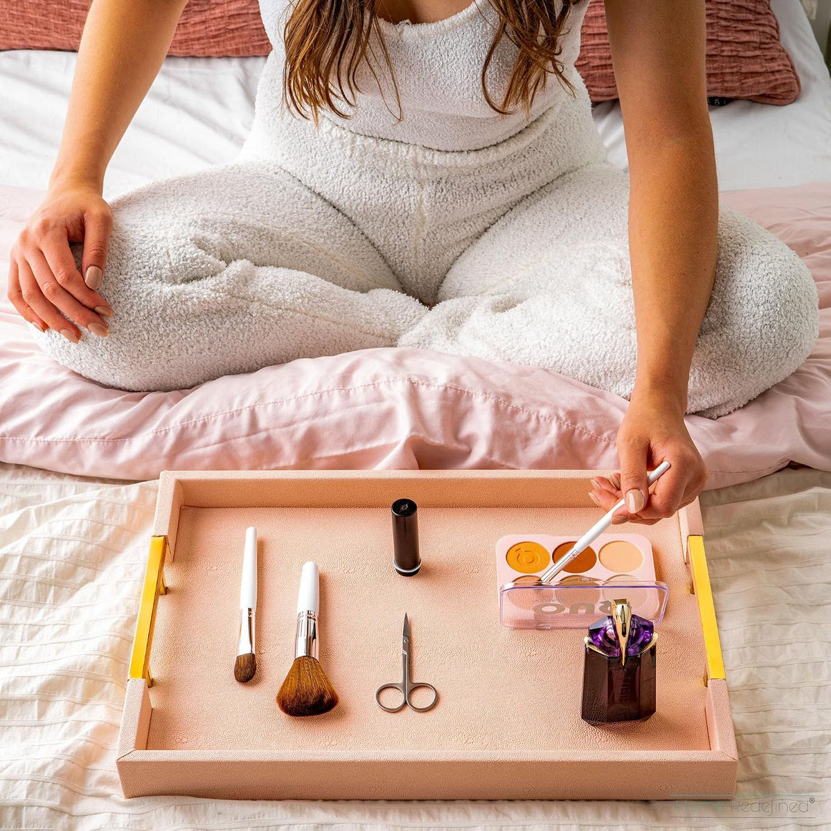 Home Redefined Modern Elegant 17.5"x12" Rectangle Baby Pink Tray Glossy Shagreen Faux Leather Decorative Ottoman Coffee Table Perfume Dresser Kitchen Serving Tray with Gold Polished Metal Handles.