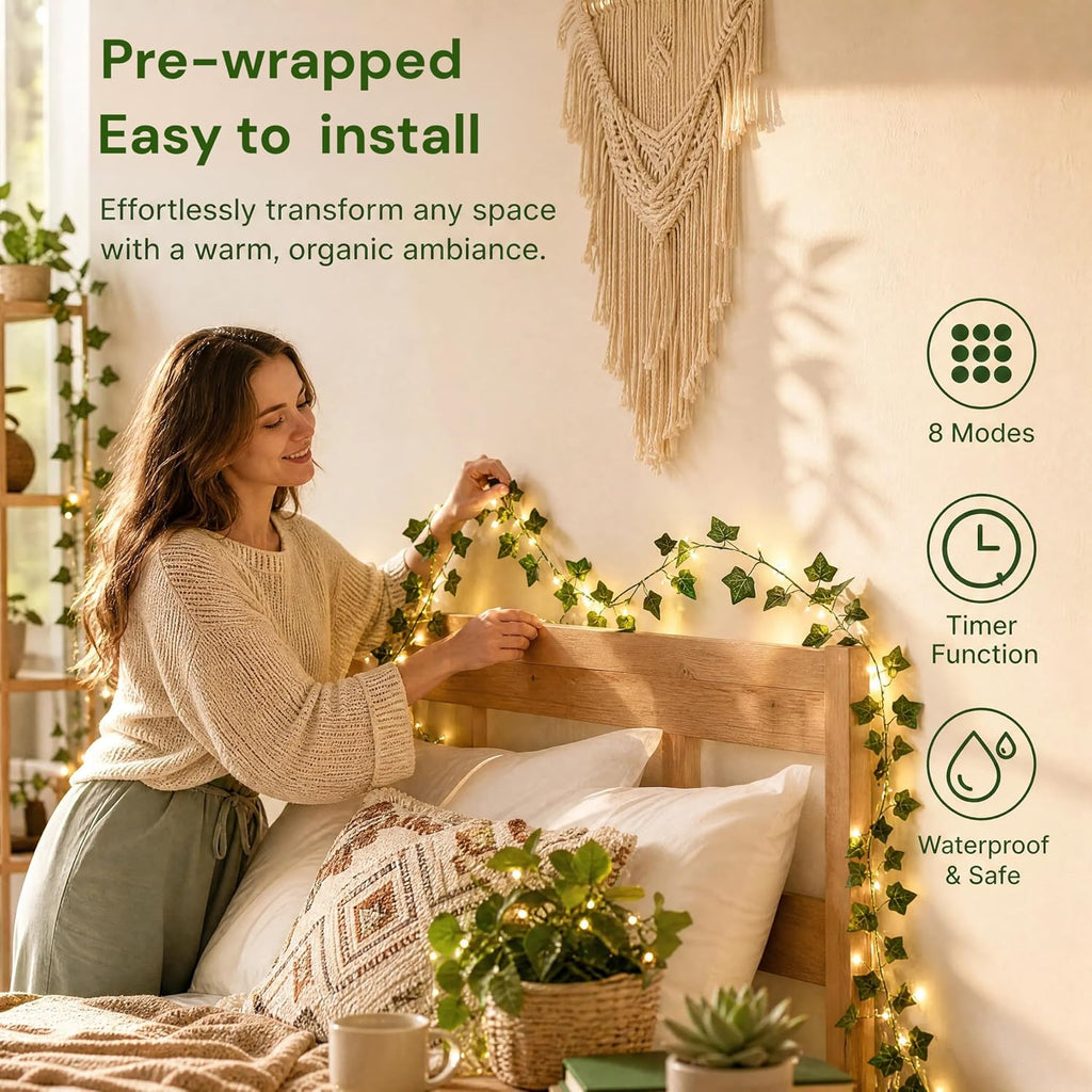 40ft 120 LED Vine Fairy Lights Battery Operated, 8 Modes & Timer Ivy String Lights with Remote, Green Leaf Lights for Indoor Bedroom Classroom Office Wall Garden Party Wedding Decor (Warm White)