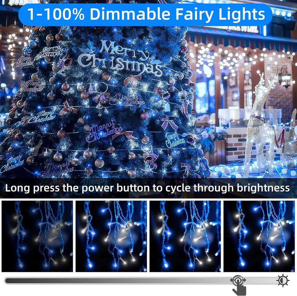 WISD Christmas Lights 43ft 200 LED Fairy String Lights with 8 Modes and Memory, Plug in String Lights for Indoor Outdoor Christmas Tree Home Garden Wedding Party Decoration, Blue+White