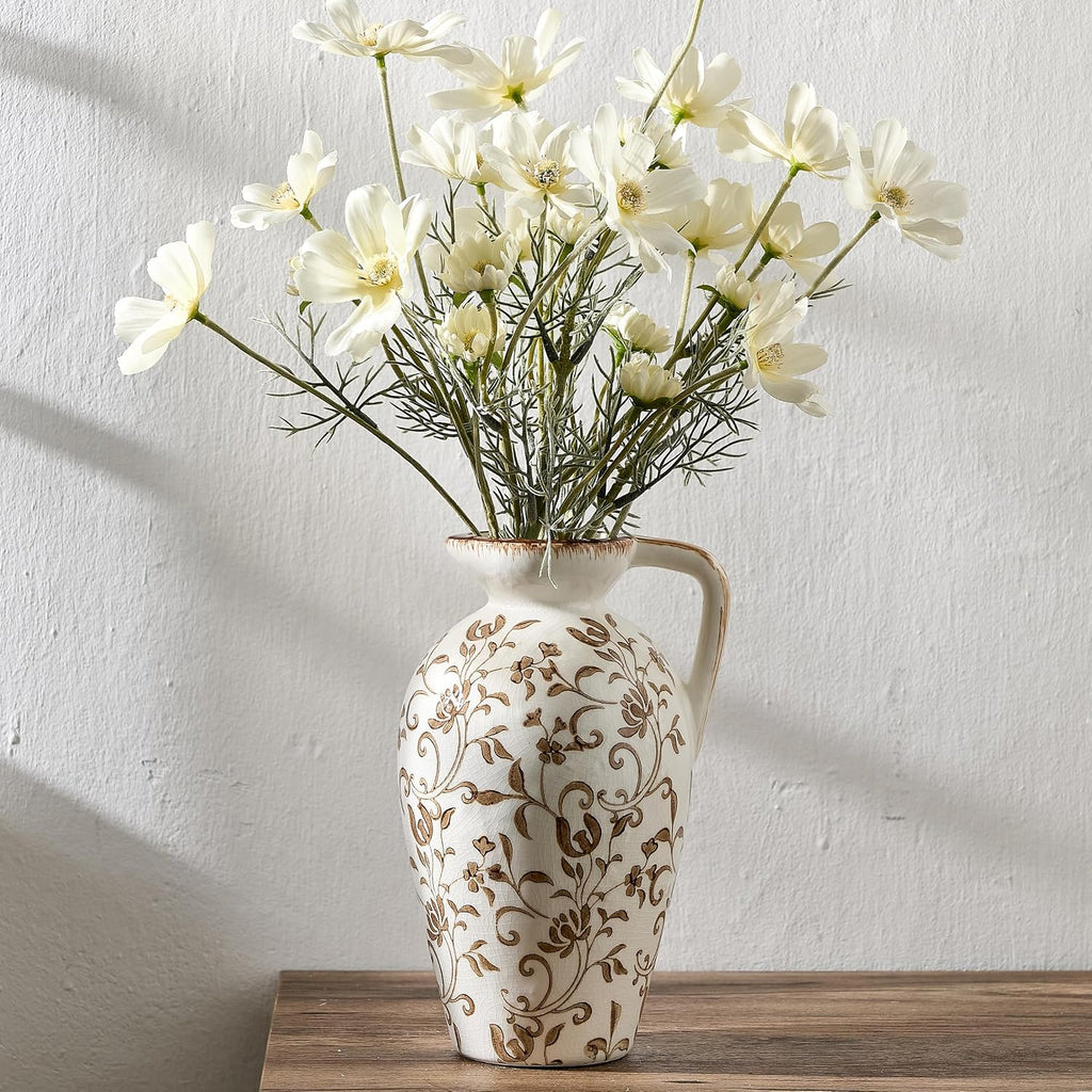 8.9 Inch Vintage Brown Chinoiserie Floral Vase, Antique Rustic Ceramic Vase for Home Decor, Living Room, Bookshelf, Office, Entryway, Garden, Chinoiserie Decor, Tuscan Decor