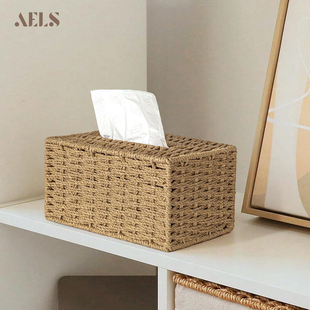 AELS Farmhouse Tissue Box Cover, Hand Woven Strawpaper Facial Tissue Paper Holder, Cute Tissue Box Holder, Boho Bathroom Decor Box w/Elastic Bottom, Tissue Holders for Bathroom Vanity, Natural