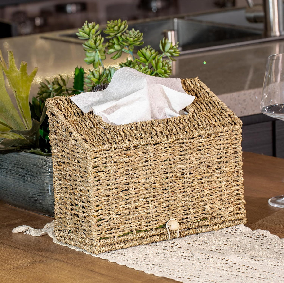 Seagrass Hand Towels Box Cover for Kleenex Disposable Paper Hand Towels, Handwoven Towel Holder, Wicker Tissue Box Cover for Bathroom, Bedroom, Office, Tabletop, Kitchen