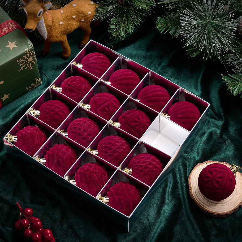 BLEUM CADE 16Pcs Burgundy Velvet Shatterproof Christmas Ball Ornaments