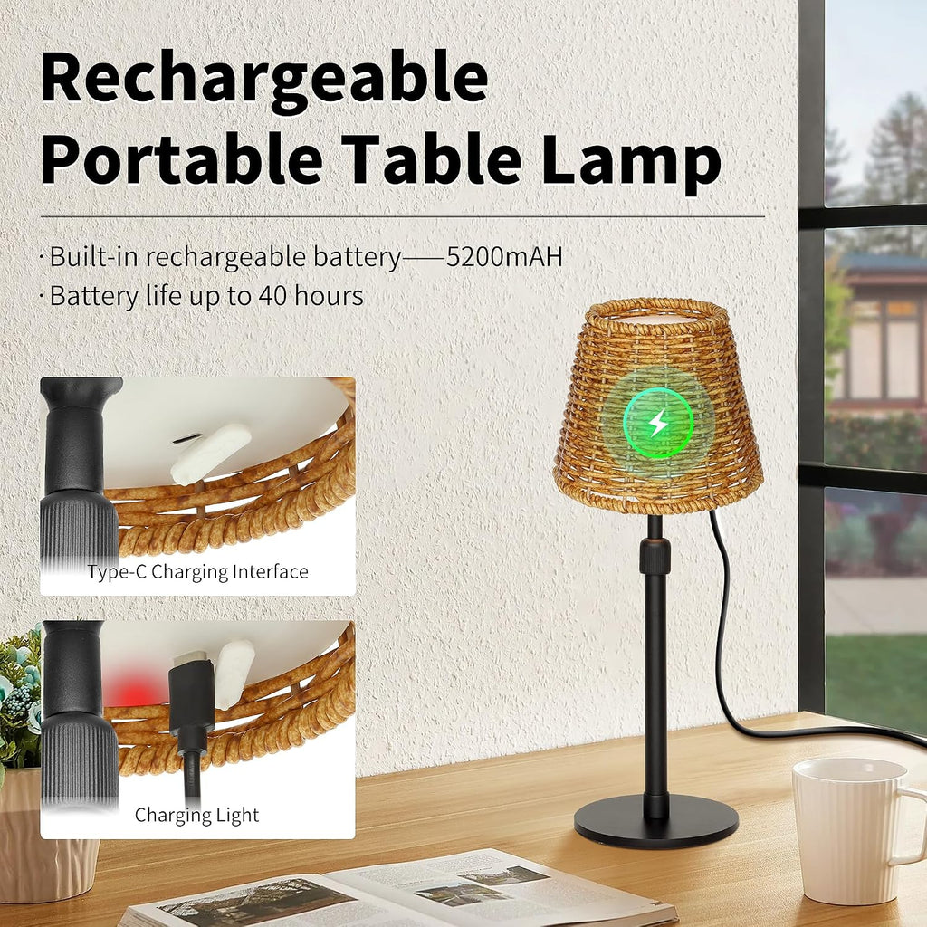 Mr.White Outdoor Waterproof Rechargeable Cordless Table Lamp with Wicker Shade, 5200mAh Battery Operated Table Light with Telescopic Pole, for Patio Restaurant Kitchen (Black)