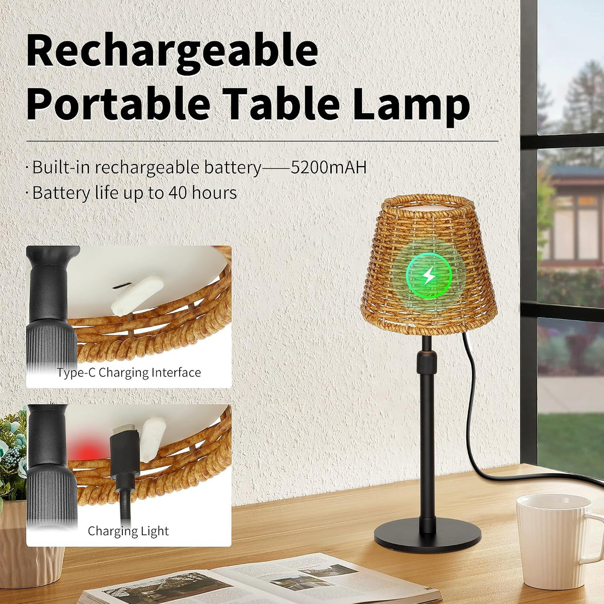 Mr.White Outdoor Waterproof Rechargeable Cordless Table Lamp with Wicker Shade, 5200mAh Battery Operated Table Light with Telescopic Pole, for Patio Restaurant Kitchen (Black 2 Pack)