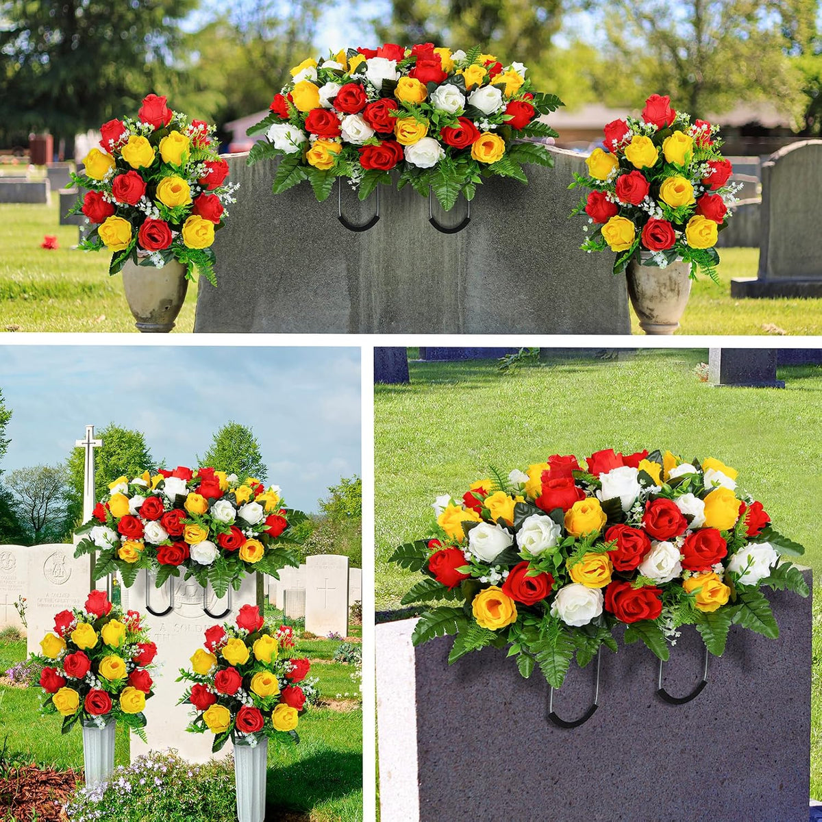 XONOR Artificial Cemetery Flower Saddles, Cemetery Memorial Flowers with Vase for Grave Tombstone Decorations (Yellow Red White)