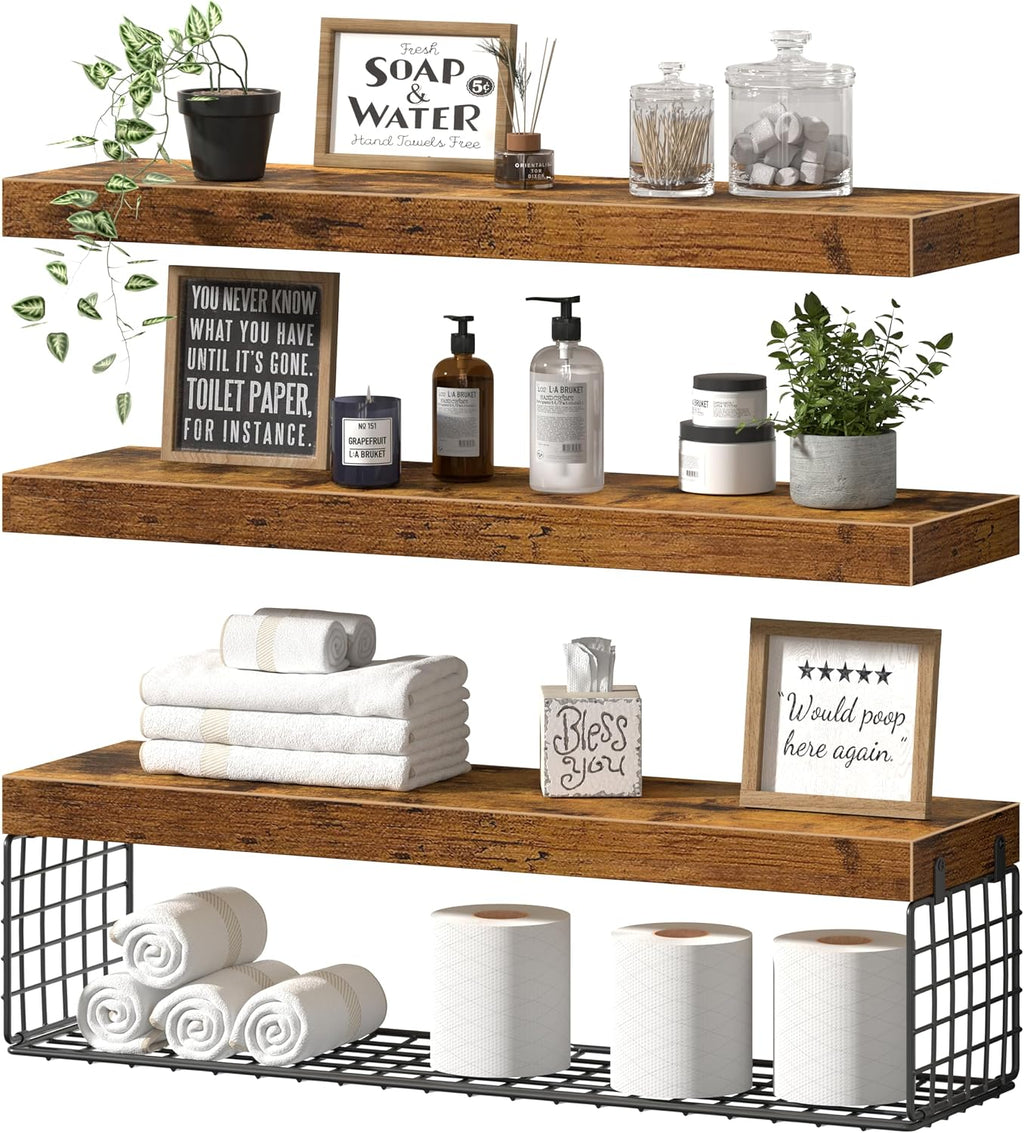 QEEIG Bathroom Shelves Over Toilet Wall Mounted (Brown, Set of 3, 31.5")