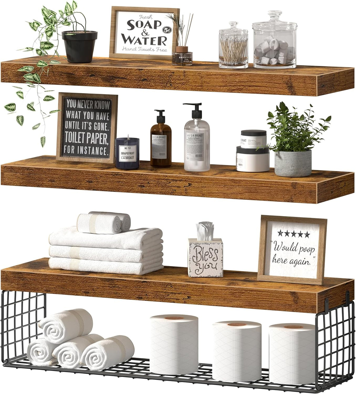 QEEIG Bathroom Shelves Over Toilet Wall Mounted (Brown, Set of 3, 31.5")