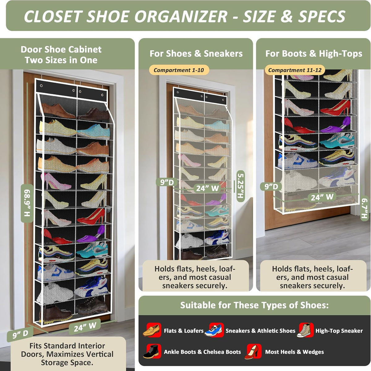 Kotkn 24-Pair Over Door Shoe Organizer for Family & Kids, Double Sided | Hanging Storage for Sneakers, Boots, Toys & Room Organization-Obsidian Black