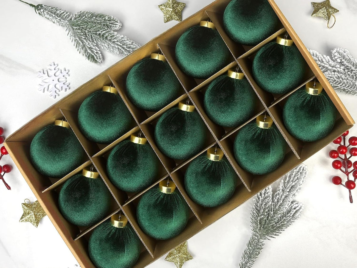 Green Velvet Balls Ornaments for Christmas Tree 15 PCS, 3.15 Inch Big Shatterproof Christmas Bulbs Ornaments Set-Decorative Hanging Baubles, Flocked Classic Decorations for Holiday(Emerald Green)