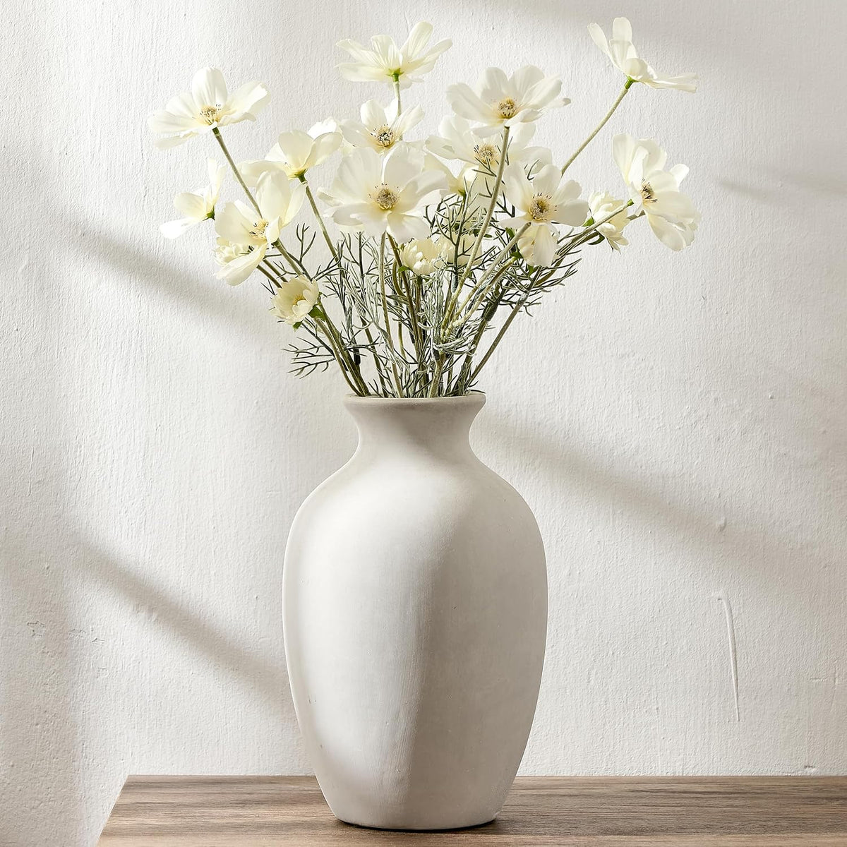 Large Ceramic Rustic Flower Vase, 10.43 Inch Tall Vintage Pottery Home Decor, Antique Farmhouse Terracotta Vase for Living Room, Shelf, Table, Mantel Decoration, Farmhouse - Off-White